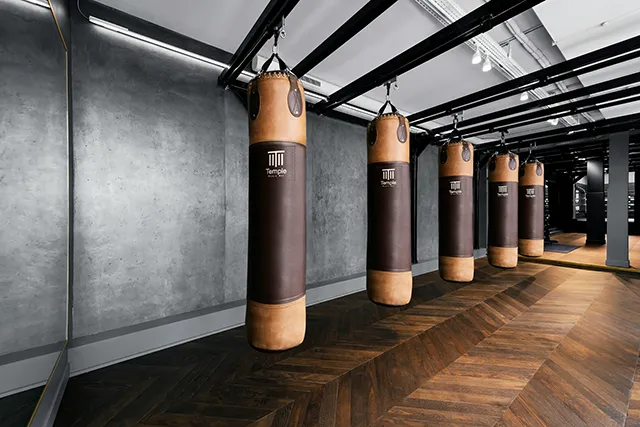 quality punching bag lined up in windsor boxing gym